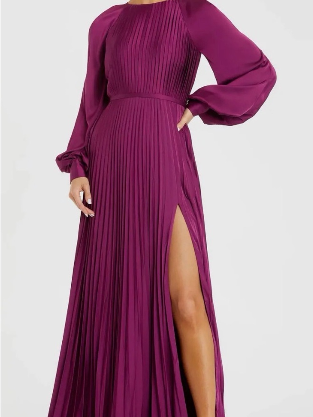 Mac Duggal Pleated Magenta Long-Sleeve Evening Dress
